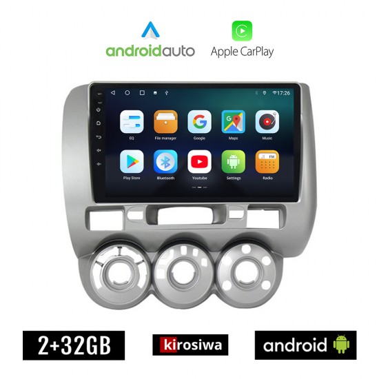 KIROSIWA HONDA JAZZ 2002-2008 Android οθόνη αυτοκίνητου 2GB με GPS WI-FI (ηχοσύστημα αφής 9 ιντσών OEM Android Auto Apple Carplay Youtube Playstore MP3 USB Radio Bluetooth Mirrorlink εργοστασιακή, 4x60W, AUX)