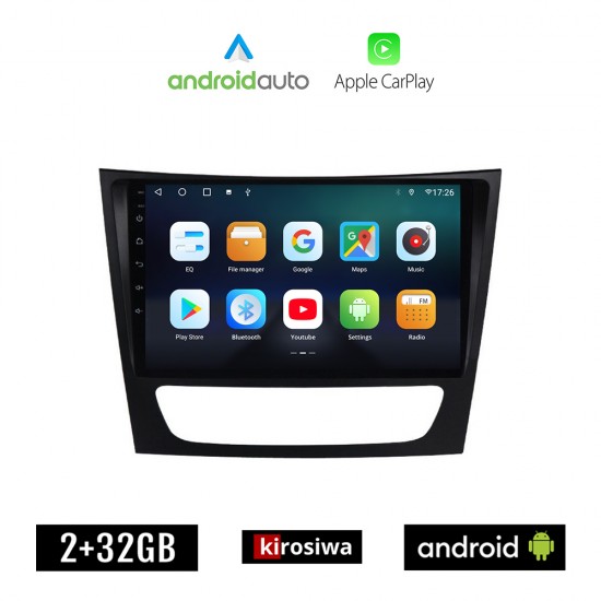 KIROSIWA MERCEDES E (W211) 2003-2009 Android οθόνη αυτοκίνητου 2GB με GPS WI-FI (ηχοσύστημα αφής 9 ιντσών OEM Android Auto Apple Carplay Youtube Playstore MP3 USB Radio Bluetooth Mirrorlink εργοστασιακή, 4x60W, Benz)