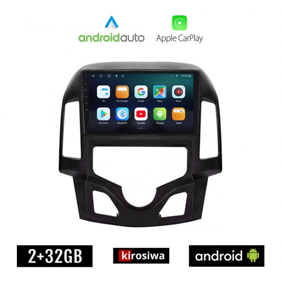 KIROSIWA HYUNDAI i30 (2007 - 2012) Android οθόνη αυτοκίνητου 2GB με GPS WI-FI (ηχοσύστημα αφής 9 ιντσών OEM Android Auto Apple Carplay Youtube Playstore MP3 USB Radio Bluetooth Mirrorlink εργοστασιακή, 4x60W, AUX)