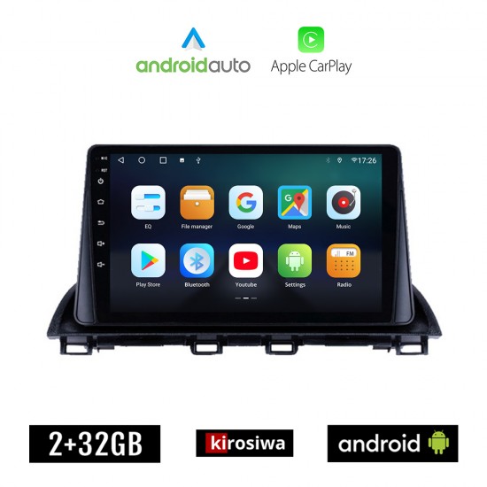 KIROSIWA MAZDA 3 (μετά το 2014) Android οθόνη αυτοκίνητου 2GB με GPS WI-FI (ηχοσύστημα αφής 9 ιντσών OEM Android Auto Apple Carplay Youtube Playstore MP3 USB Radio Bluetooth Mirrorlink εργοστασιακή, 4x60W, AUX)