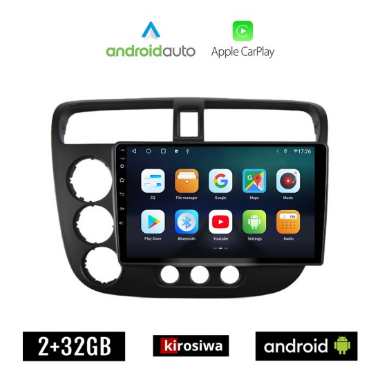 KIROSIWA HONDA CIVIC 4D (2001 - 2006) Android οθόνη αυτοκίνητου 2GB με GPS WI-FI (ηχοσύστημα αφής 9 ιντσών OEM Android Auto Apple Carplay Youtube Playstore MP3 USB Radio Bluetooth Mirrorlink εργοστασιακή, 4x60W, AUX)