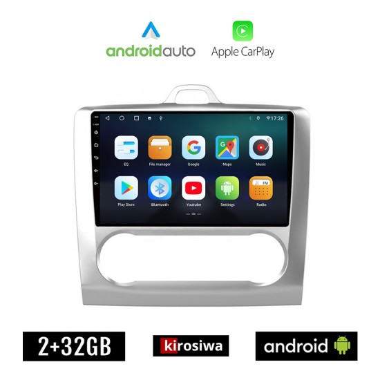 KIROSIWA FORD FOCUS (2005 - 2011) *Με αυτόματο κλιματισμό Android οθόνη αυτοκίνητου 2GB με GPS WI-FI (ηχοσύστημα αφής 9 ιντσών OEM Android Auto Apple Carplay Youtube Playstore MP3 USB Radio Bluetooth Mirrorlink εργοστασιακή, 4x60W)