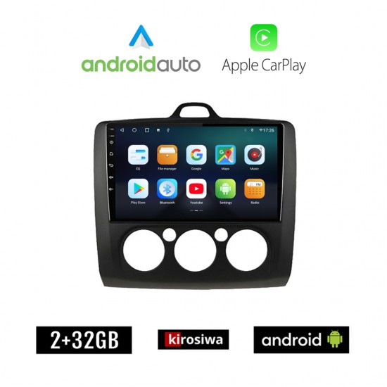 KIROSIWA FORD FOCUS (2005 - 2011) *Με χειροκίνητο κλιματισμό Android οθόνη αυτοκίνητου 2GB με GPS WI-FI (ηχοσύστημα αφής 9 ιντσών OEM Android Auto Apple Carplay Youtube Playstore MP3 USB Radio Bluetooth Mirrorlink εργοστασιακή, 4x60W)