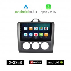KIROSIWA FORD FOCUS (2005 - 2011) *Με χειροκίνητο κλιματισμό Android οθόνη αυτοκίνητου 2GB με GPS WI-FI (ηχοσύστημα αφής 9" ιντσών Android Auto Apple Carplay Youtube Playstore MP3 USB Radio Bluetooth Mirrorlink εργοστασιακή, 4x60W, grey, γκρί)