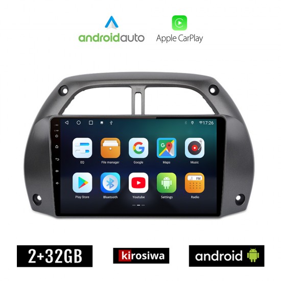 KIROSIWA TOYOTA RAV 4 (2000-2006) Android οθόνη αυτοκίνητου 2GB με GPS WI-FI (ηχοσύστημα αφής 9 ιντσών OEM Android Auto Apple Carplay Youtube Playstore MP3 USB Radio Bluetooth Mirrorlink εργοστασιακή, 4x60W, AUX)