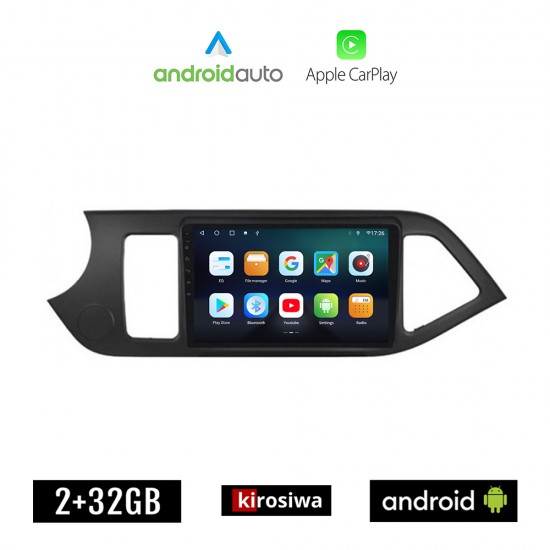 KIROSIWA KIA PICANTO (2011 - 2017) Android οθόνη αυτοκίνητου 2GB με GPS WI-FI (ηχοσύστημα αφής 9 ιντσών OEM Android Auto Apple Carplay Youtube Playstore MP3 USB Radio Bluetooth Mirrorlink εργοστασιακή, 4x60W, AUX)