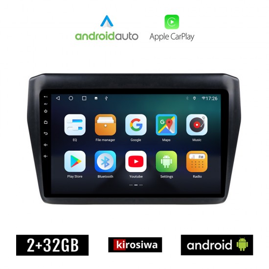 KIROSIWA SUZUKI SWIFT (μετά το 2017) Android οθόνη αυτοκίνητου 2GB με GPS WI-FI (ηχοσύστημα αφής 9 ιντσών OEM Android Auto Apple Carplay Youtube Playstore MP3 USB Radio Bluetooth Mirrorlink εργοστασιακή, AUX, 4x60W)