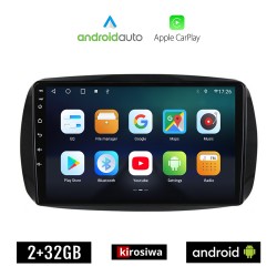KIROSIWA SMART 453 (μετά το 2016) Android οθόνη αυτοκίνητου 2GB με GPS WI-FI (ηχοσύστημα αφής 9" ιντσών FORTWO OEM Android Auto Apple Carplay Youtube Playstore MP3 USB Radio Bluetooth Mirrorlink εργοστασιακή, AUX, 4x60W)