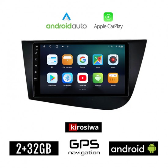 KIROSIWA SEAT LEON (2005-2011) Android οθόνη αυτοκίνητου 2GB με GPS WI-FI (ηχοσύστημα αφής 9 ιντσών OEM Android Auto Apple Carplay Youtube Playstore MP3 USB Radio Bluetooth Mirrorlink εργοστασιακή, 4x60W, AUX, μαύρο)