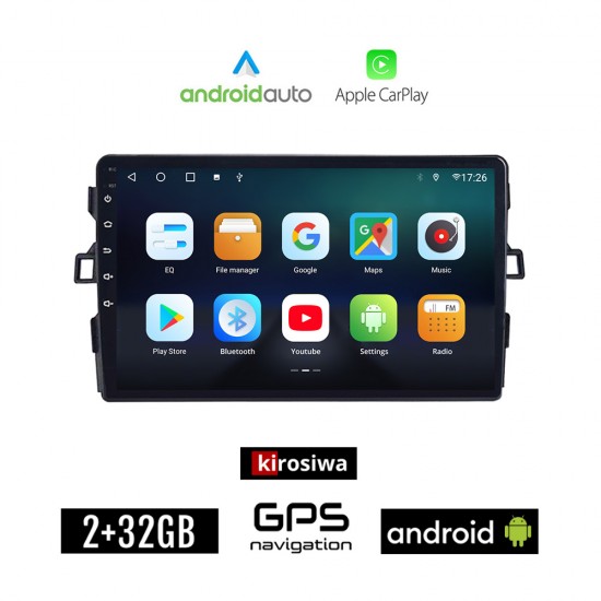 KIROSIWA TOYOTA AURIS (2007-2012) Android οθόνη αυτοκίνητου 2GB με GPS WI-FI (ηχοσύστημα αφής 9 ιντσών Android Auto Apple Carplay Youtube Playstore MP3 USB Radio Bluetooth Mirrorlink εργοστασιακή, AUX, 4x60W)