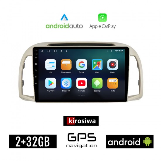 KIROSIWA NISSAN MICRA (2002-2010) Android οθόνη αυτοκίνητου 2GB με GPS WI-FI (ηχοσύστημα αφής 9 ιντσών OEM Android Auto Apple Carplay Youtube Playstore MP3 USB Radio Bluetooth Mirrorlink εργοστασιακή, 4x60W, AUX)