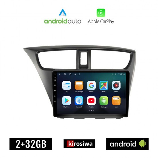 KIROSIWA HONDA CIVIC (2012 - 2016) Android οθόνη αυτοκίνητου 2GB με GPS WI-FI (ηχοσύστημα αφής 9 ιντσών OEM Android Auto Apple Carplay Youtube Playstore MP3 USB Radio Bluetooth Mirrorlink εργοστασιακή, 4x60W, AUX)