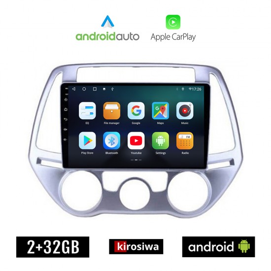 KIROSIWA HYUNDAI i20 (2008 - 2013) *με χειροκινητο κλιματισμό Android οθόνη αυτοκίνητου 2GB με GPS WI-FI (ηχοσύστημα αφής 9 ιντσών OEM Android Auto Apple Carplay Youtube Playstore MP3 USB Bluetooth εργοστασιακή, 4x60W)
