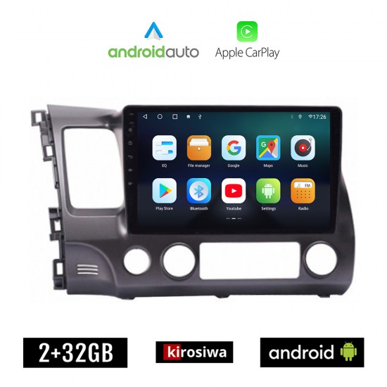 KIROSIWA HONDA CIVIC 4D (2006 - 2012) Android οθόνη αυτοκίνητου 2GB με GPS WI-FI (ηχοσύστημα αφής 10 ιντσών OEM Android Auto Apple Carplay Youtube Playstore MP3 USB Radio Bluetooth Mirrorlink εργοστασιακή, 4x60W, AUX)