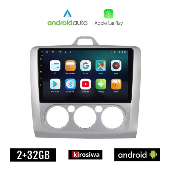 KIROSIWA FORD FOCUS (2005 - 2011) *Με χειροκίνητο κλιματισμό Android οθόνη αυτοκίνητου 2GB με GPS WI-FI (ηχοσύστημα αφής 9 ιντσών OEM Android Auto Apple Carplay Youtube Playstore MP3 USB Radio Bluetooth Mirrorlink εργοστασιακή, 4x60W)