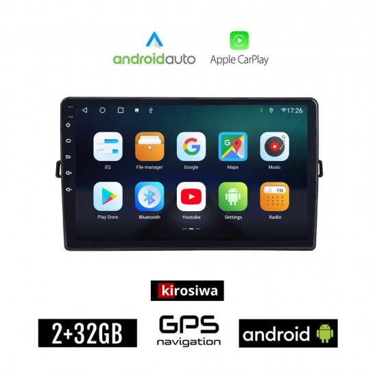 KIROSIWA TOYOTA AURIS (2007 - 2012) Android οθόνη αυτοκίνητου 2GB με GPS WI-FI (ηχοσύστημα αφής 10 ιντσών Android Auto Apple Carplay Youtube Playstore MP3 USB Radio Bluetooth Mirrorlink εργοστασιακή, 4x60W)