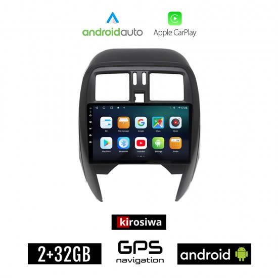 KIROSIWA NISSAN MICRA (2010 - 2016) Android οθόνη αυτοκίνητου 2GB με GPS WI-FI (ηχοσύστημα αφής 9 ιντσών Android Auto Apple Carplay Youtube Playstore MP3 USB Radio Bluetooth Mirrorlink εργοστασιακή, 4x60W, AUX)
