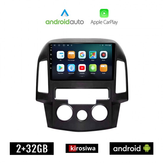 KIROSIWA HYUNDAI i30 (2007 - 2012) Android οθόνη αυτοκίνητου 2GB με GPS WI-FI (ηχοσύστημα αφής 9 ιντσών OEM Android Auto Apple Carplay Youtube Playstore MP3 USB Radio Bluetooth Mirrorlink εργοστασιακή, 4x60W, AUX)