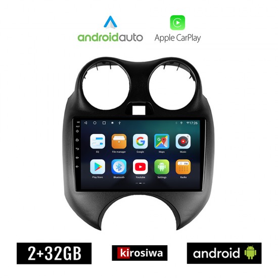 KIROSIWA NISSAN MICRA (2010- 2016) Android οθόνη αυτοκίνητου 2GB με GPS WI-FI (ηχοσύστημα αφής 9 ιντσών OEM Android Auto Apple Carplay Youtube Playstore MP3 USB Radio Bluetooth Mirrorlink εργοστασιακή, 4x60W, AUX)