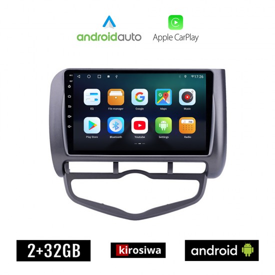 KIROSIWA HONDA JAZZ (2002-2008) CLIMA Android οθόνη αυτοκίνητου 2GB με GPS WI-FI (ηχοσύστημα αφής 9 ιντσών OEM Android Auto Apple Carplay Youtube Playstore MP3 USB Radio Bluetooth Mirrorlink εργοστασιακή, 4x60W, AUX)